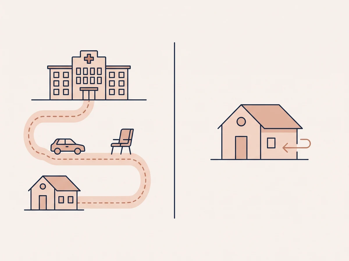 Comparison: on the left a long route from home to hospital, on the right treatment carried out at home