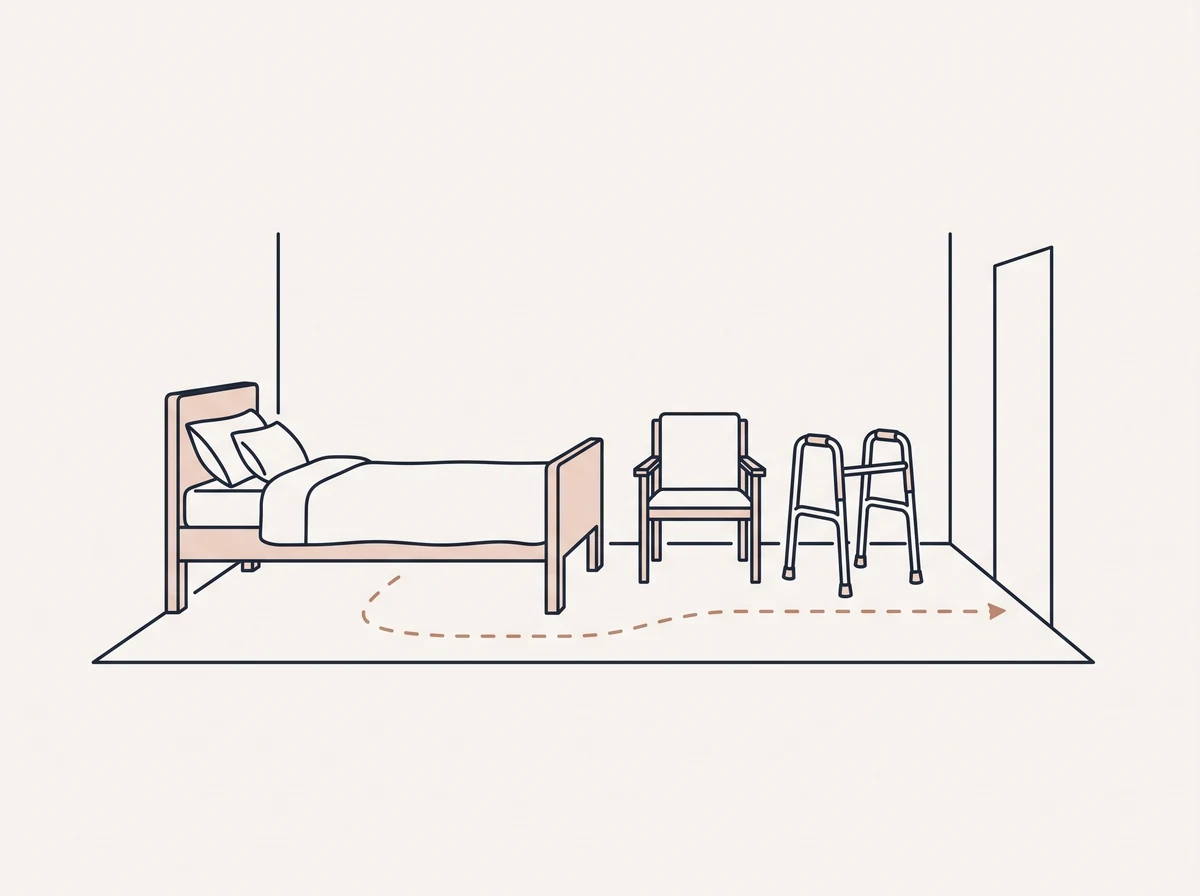 A room set up for home physiotherapy: bed, chair, walking frame and a clear route through