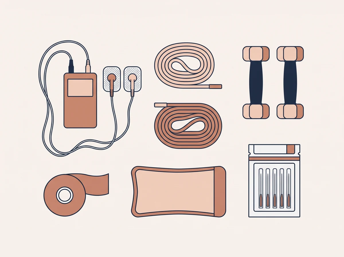 Illustration of the portable equipment a home physiotherapist brings: electrotherapy unit, resistance bands, weights and taping materials