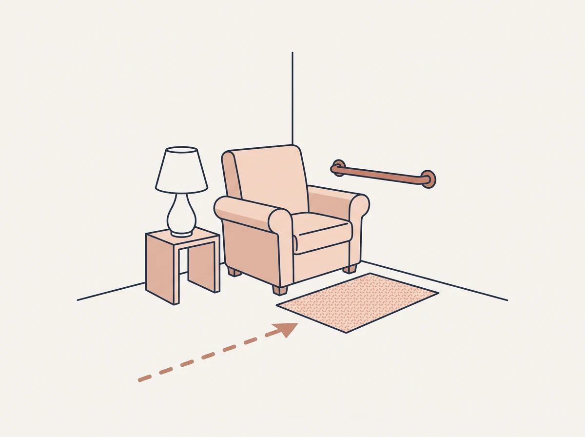 A room arranged to reduce the risk of falls: armchair, grab rail, non-slip mat and lighting