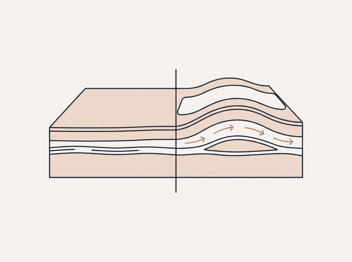 Cross-section diagram showing kinesiology tape lifting the skin to create space in the tissue beneath