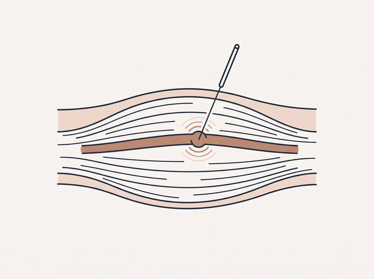 Diagram of a dry needling needle reaching a trigger point within a tight band of muscle